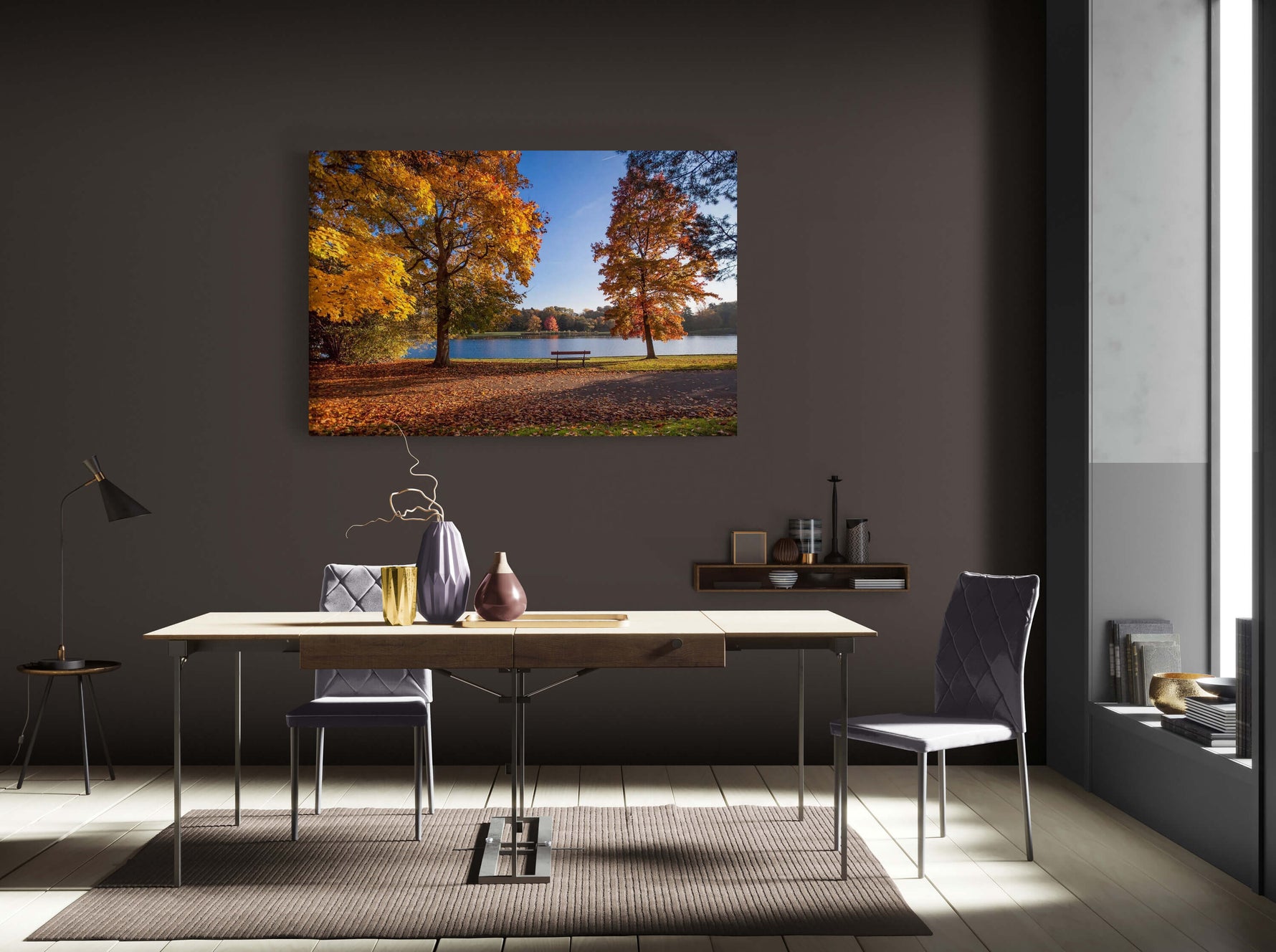 Canvas van het herfstlandschap in Park Tervuren in een stijlvol interieur, formaat 180x120cm.