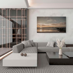 Uitgebreid canvas van een zonsondergang aan het strand van Knokke, formaat 180x120cm, in een ruim interieur.