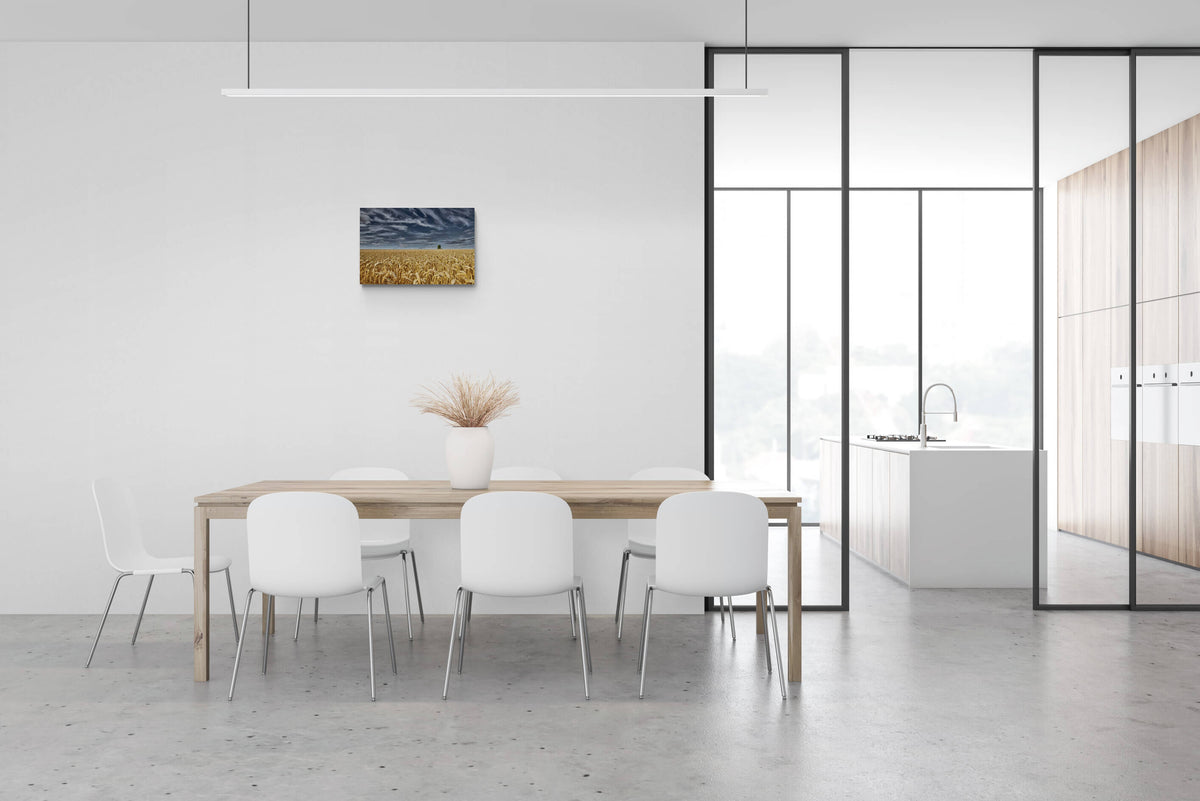 Canvas van het graanveld en de Tumulus van Bortombe in Landen, formaat 60x40cm, in een sfeervol interieur.