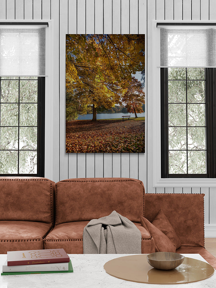 Canvas van herfstbladeren en meer in Park Tervuren, formaat 150x100cm, hangt in een gezellig interieur.