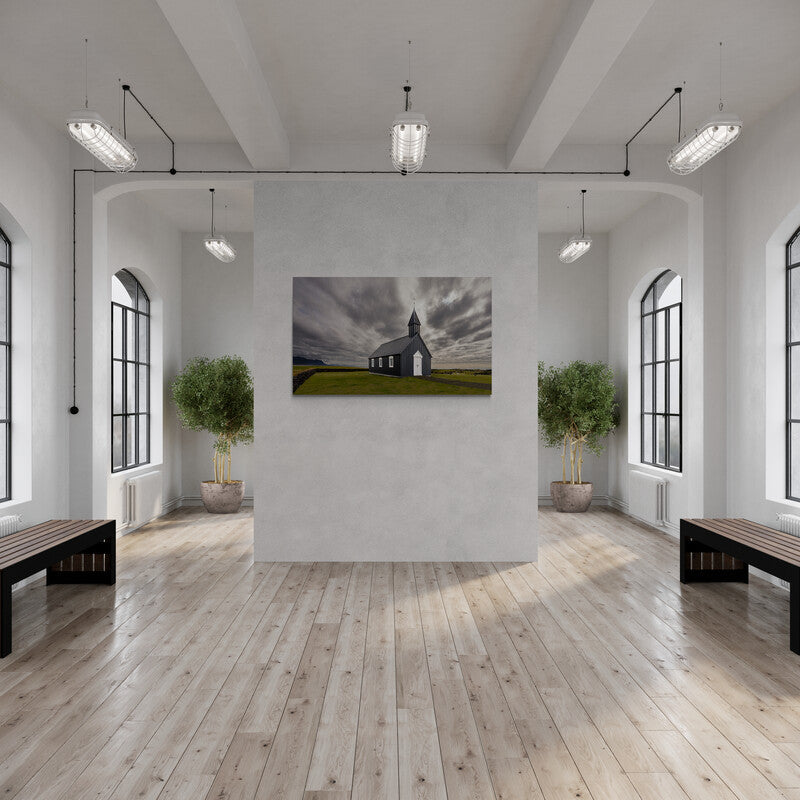 Búðakirkja, zwart kerkje in IJsland, canvas van 150x100cm, passend in modern interieur