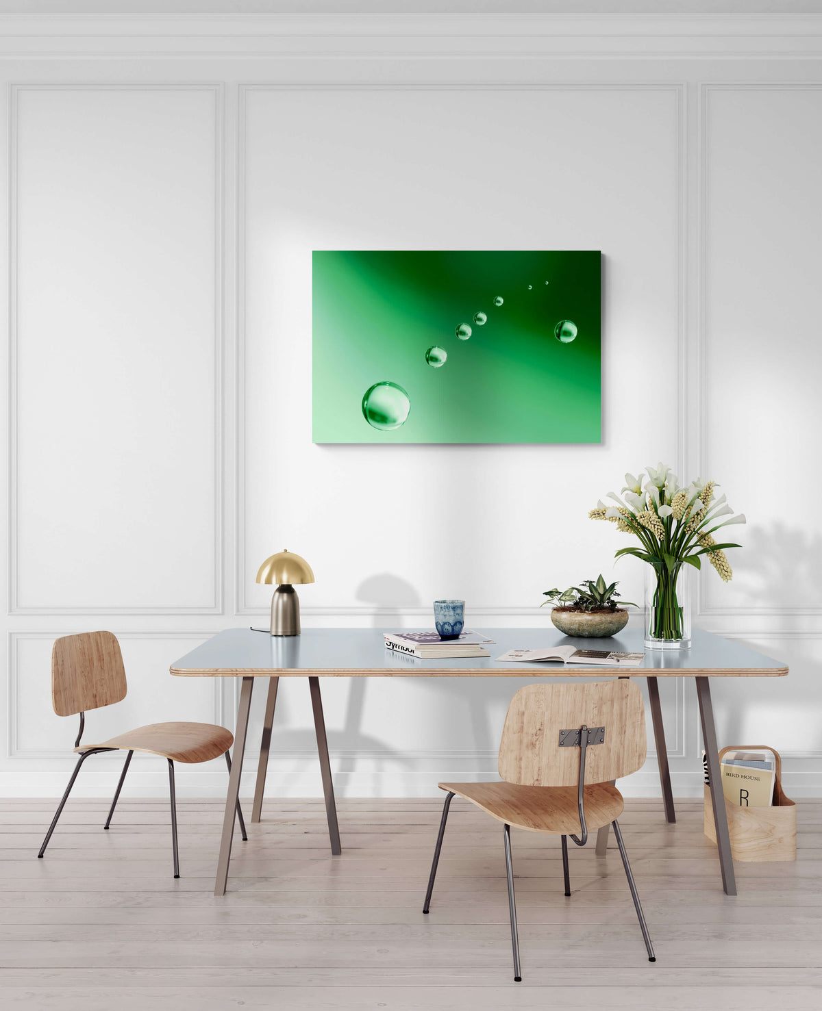 Gedetailleerde foto van groene bubbels tegen een groene achtergrond, formaat 150x100cm, perfect als pronkstuk in grote ruimtes.