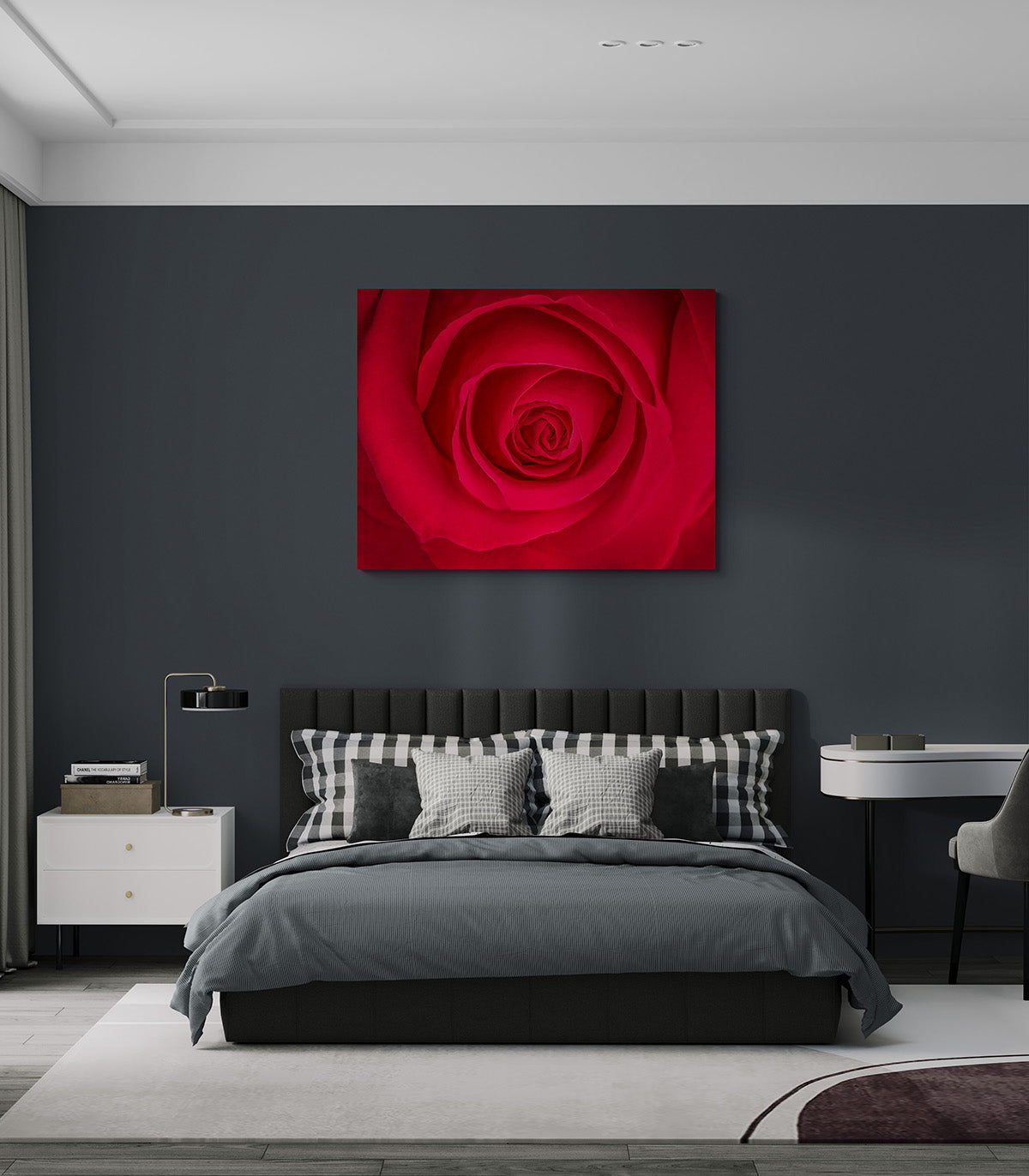 Monumentale afbeelding van een rode roos uit Ecuador, formaat 150x100cm, ideaal voor grote ruimtes.