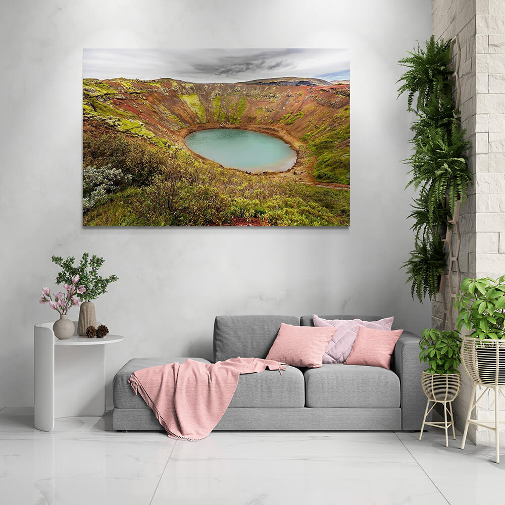 Canvas van de Kerið krater in IJsland in een stijlvol interieur, formaat 180x120cm.