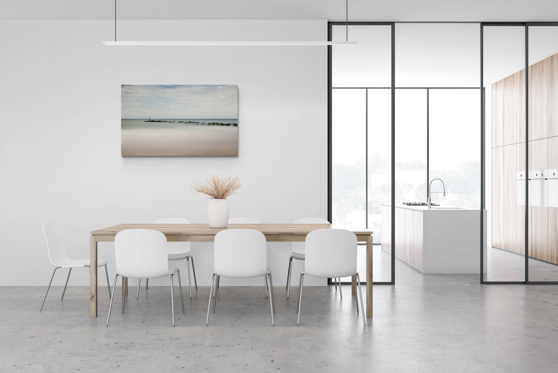Canvas van golfbreker met standbeeld in Knokke in een modern interieur, formaat 120x80cm.