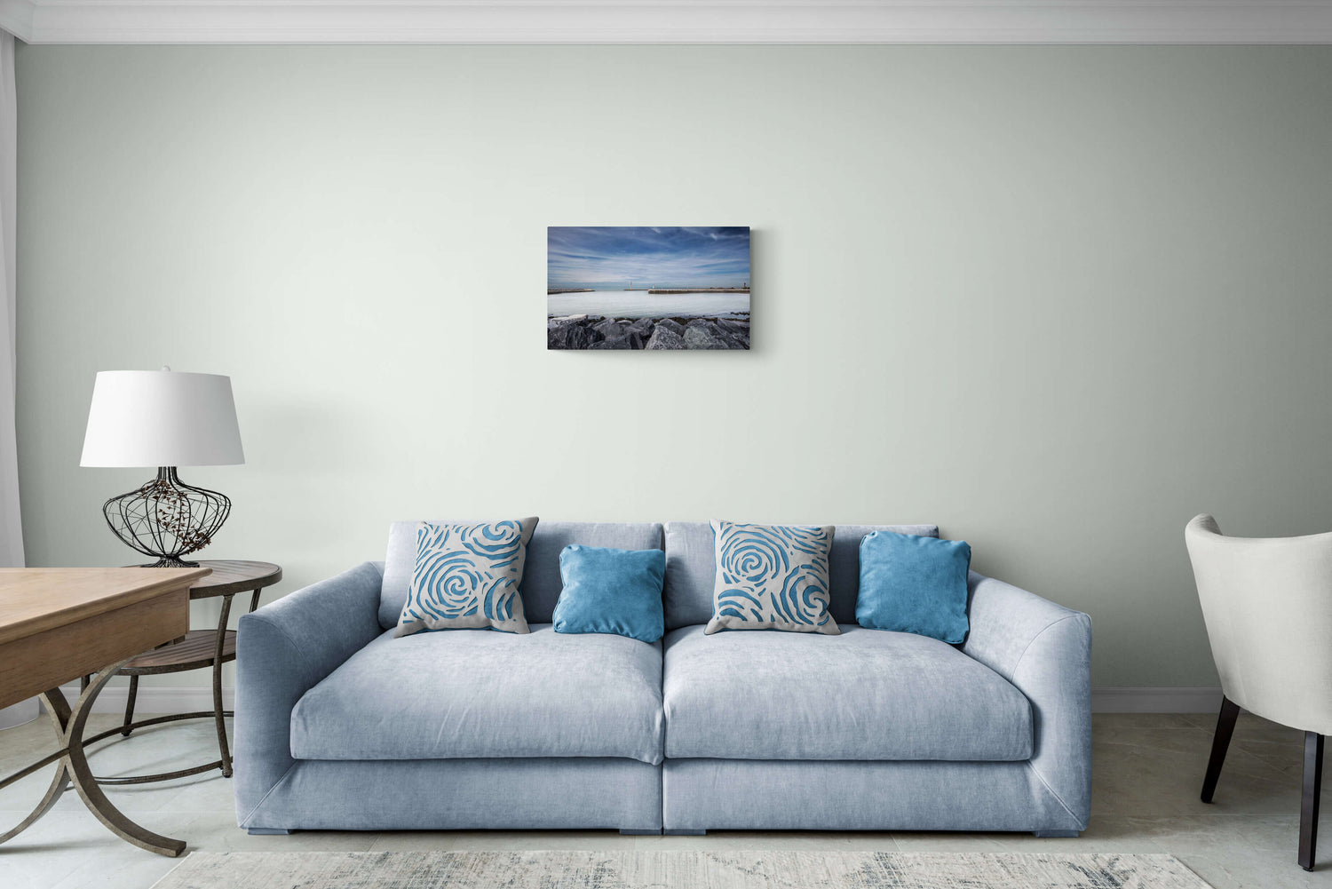 Canvas van de haveningang van Oostende met vuurtorens in een stijlvol interieur, formaat 60x40cm.