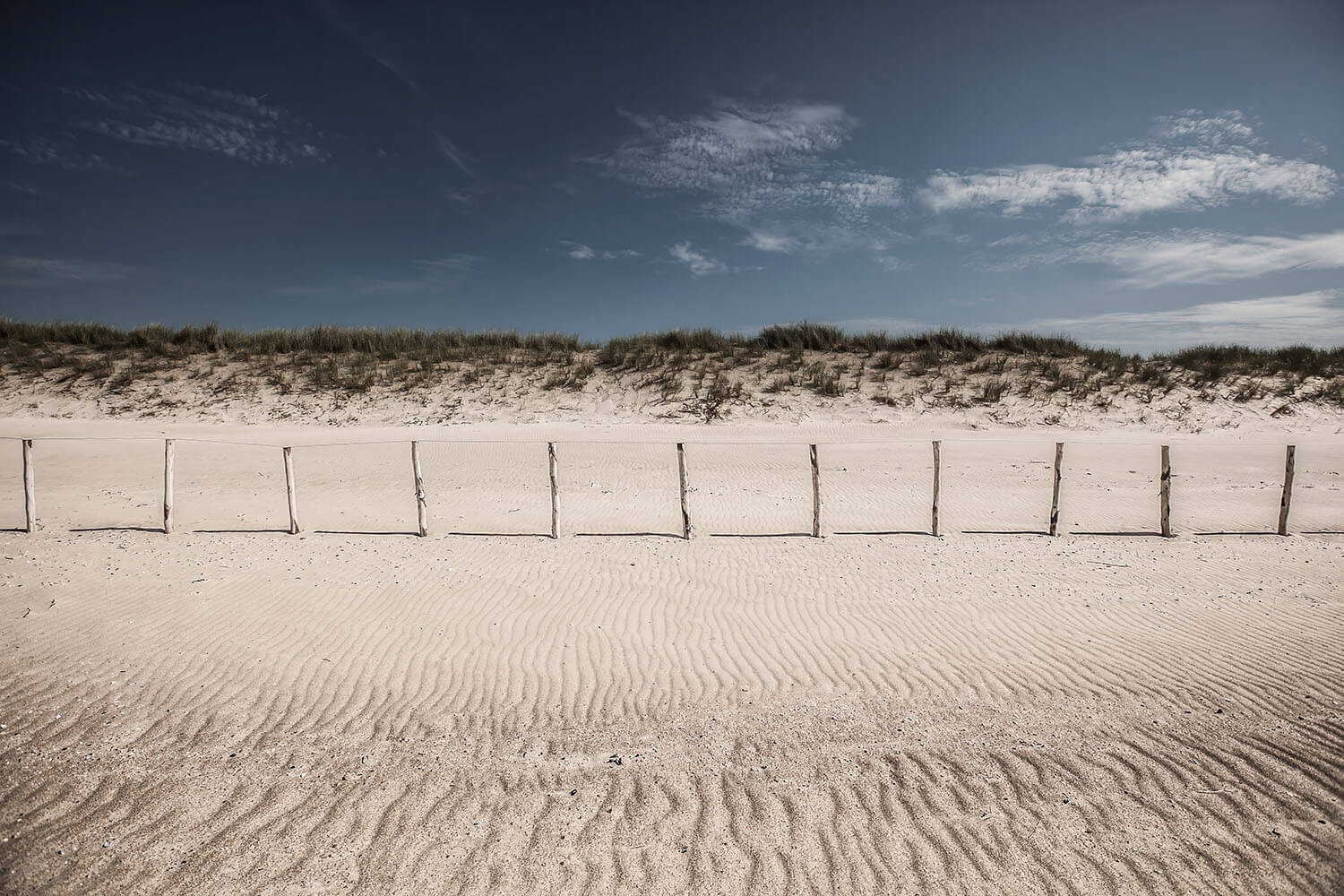 Uitgestrekt strand met houten paaltjes en duinen in Knokke aan de Noordzee.
