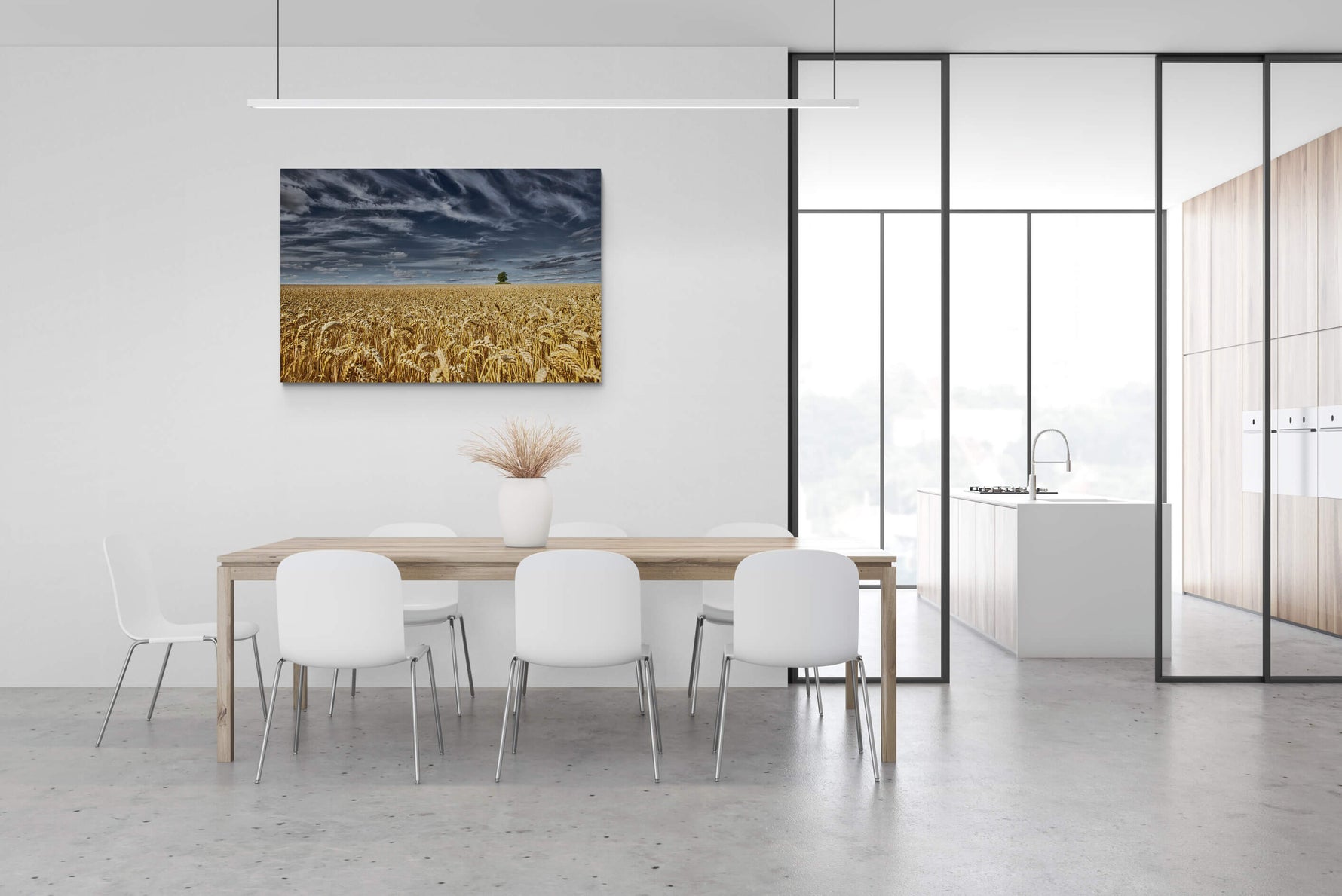 Groot formaat canvas van het graanveld en de Tumulus van Bortombe, formaat 150x100cm, in een stijlvol interieur.