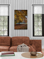 Canvas van herfstbladeren in Park Tervuren, formaat 120x80cm, sfeervol ingelijst in een modern interieur.