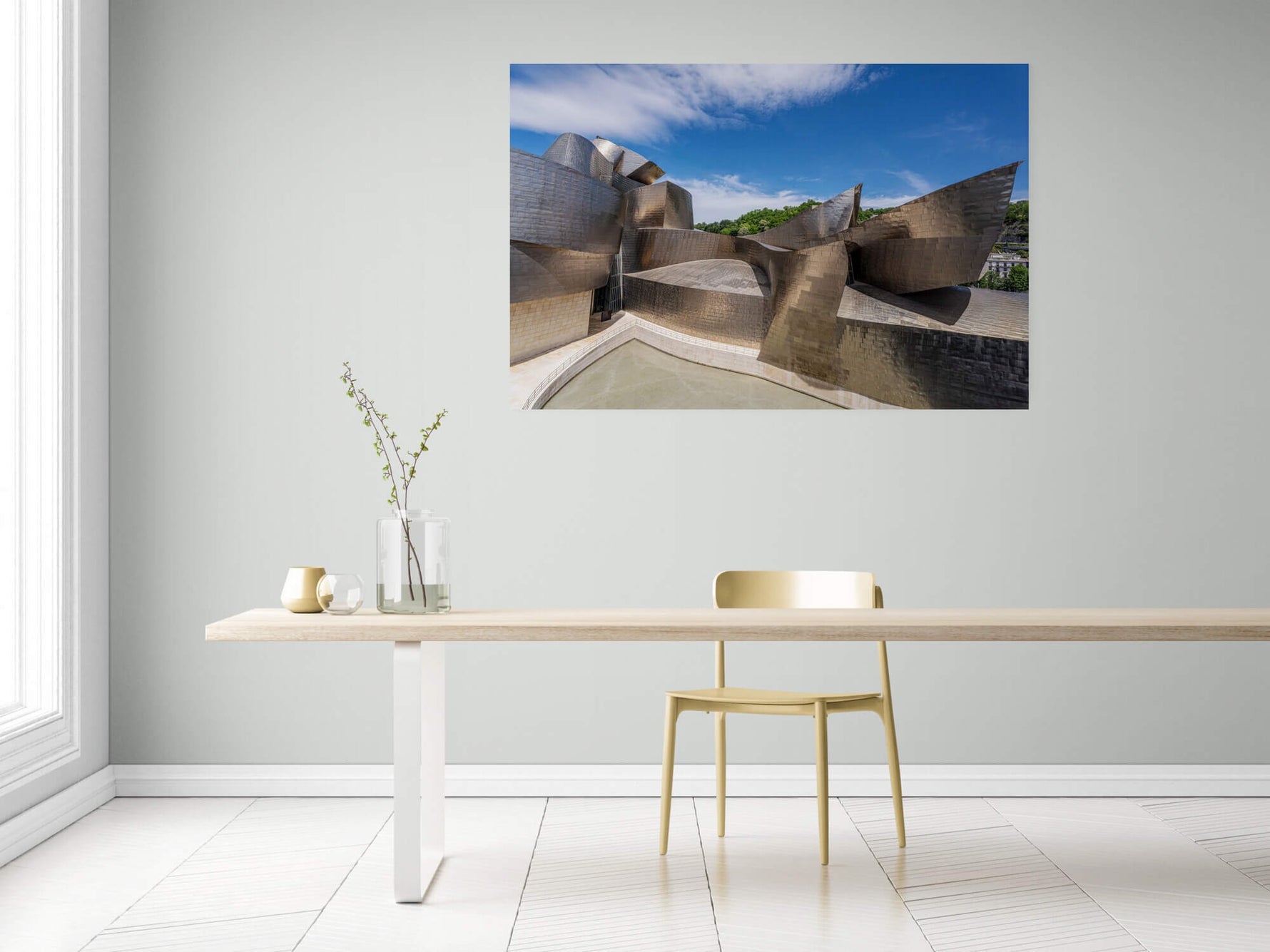 Guggenheim Museum in Bilbao bij heldere hemel, canvas van 150x100cm, passend in modern interieur