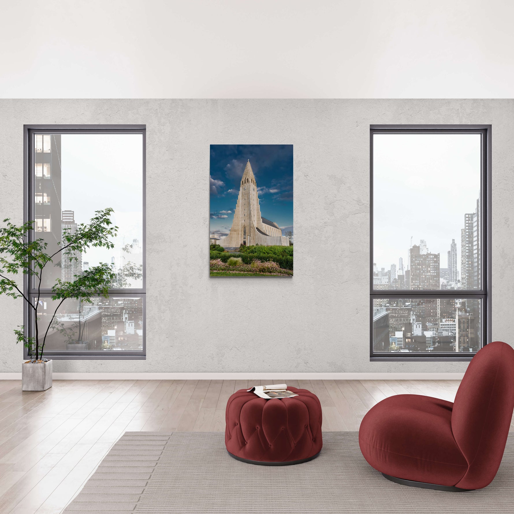 Hallgrímskirkja in Reykjavik, IJsland, canvas van 120x80cm, tentoongesteld in modern interieur