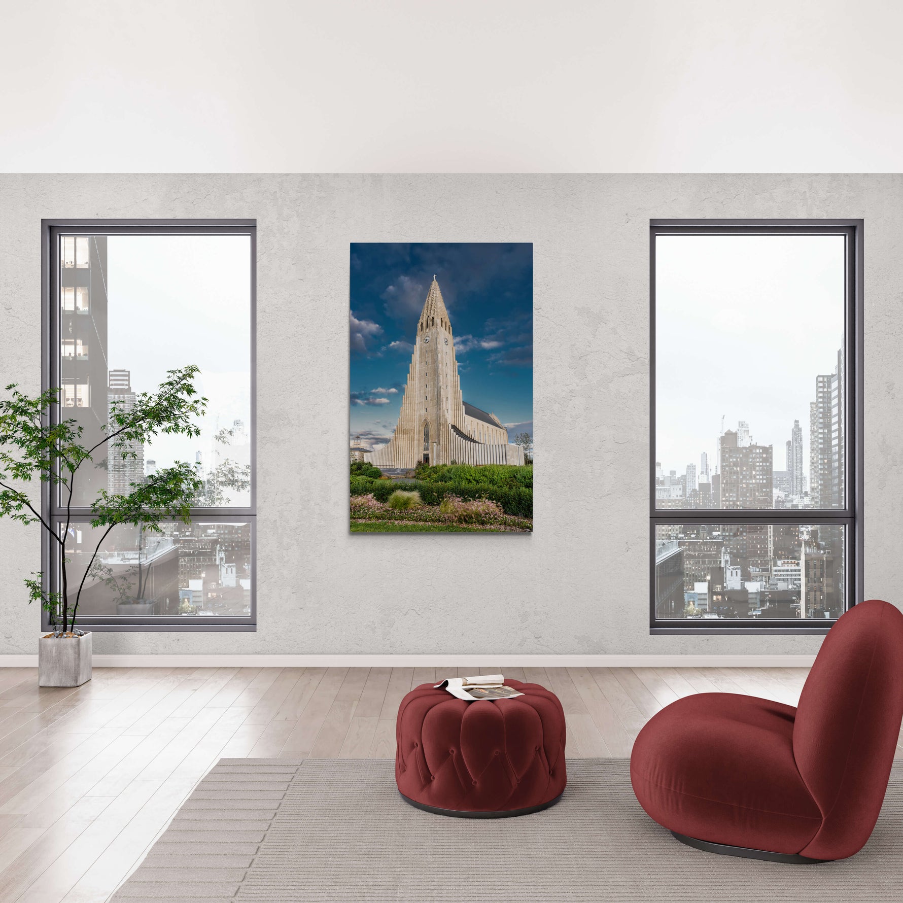 Hallgrímskirkja in Reykjavik, IJsland, canvas van 150x100cm, passend in modern interieur