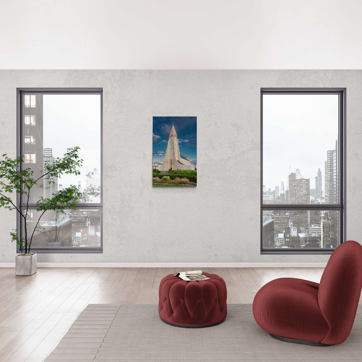 Hallgrímskirkja in Reykjavik, IJsland, canvas van 90x60cm, passend in modern interieur.