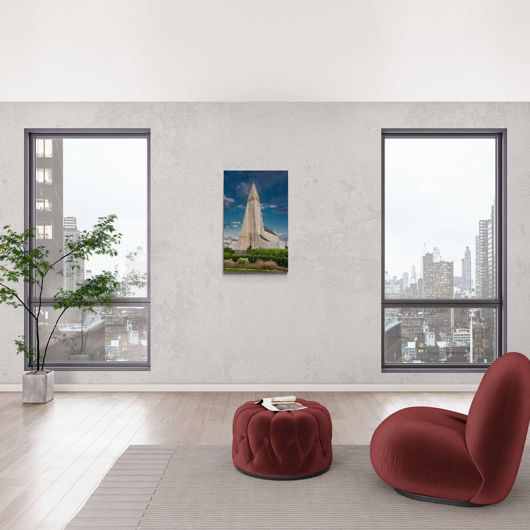 Hallgrímskirkja in Reykjavik, IJsland, canvas van 90x60cm, passend in modern interieur.