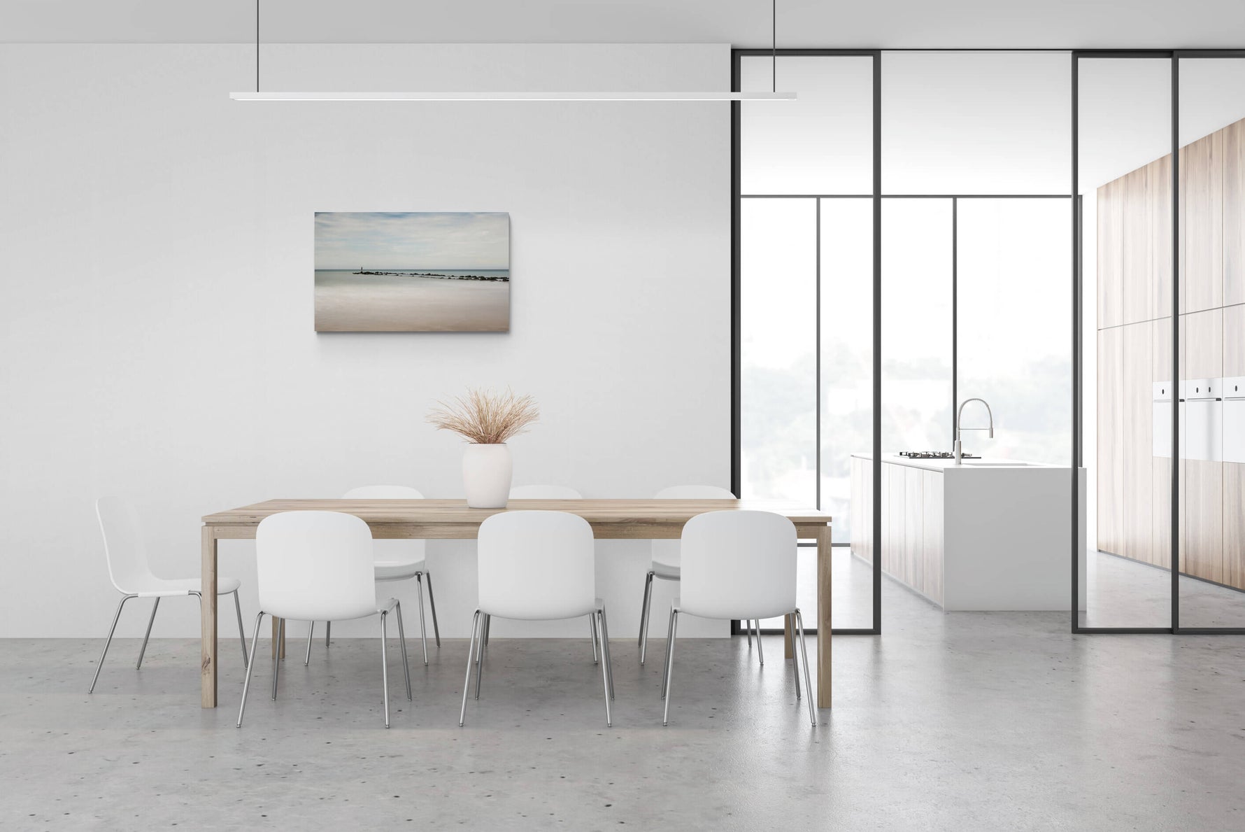  Canvas van golfbreker met standbeeld in Knokke in een modern interieur, formaat 90x60cm.
