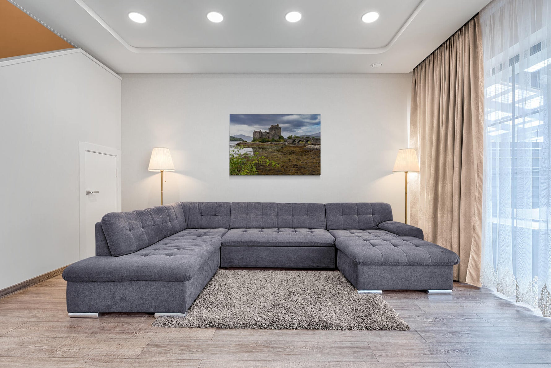 Kasteel Eilean Donan in Schotland, canvas van 120x80cm, tentoongesteld in modern interieur.