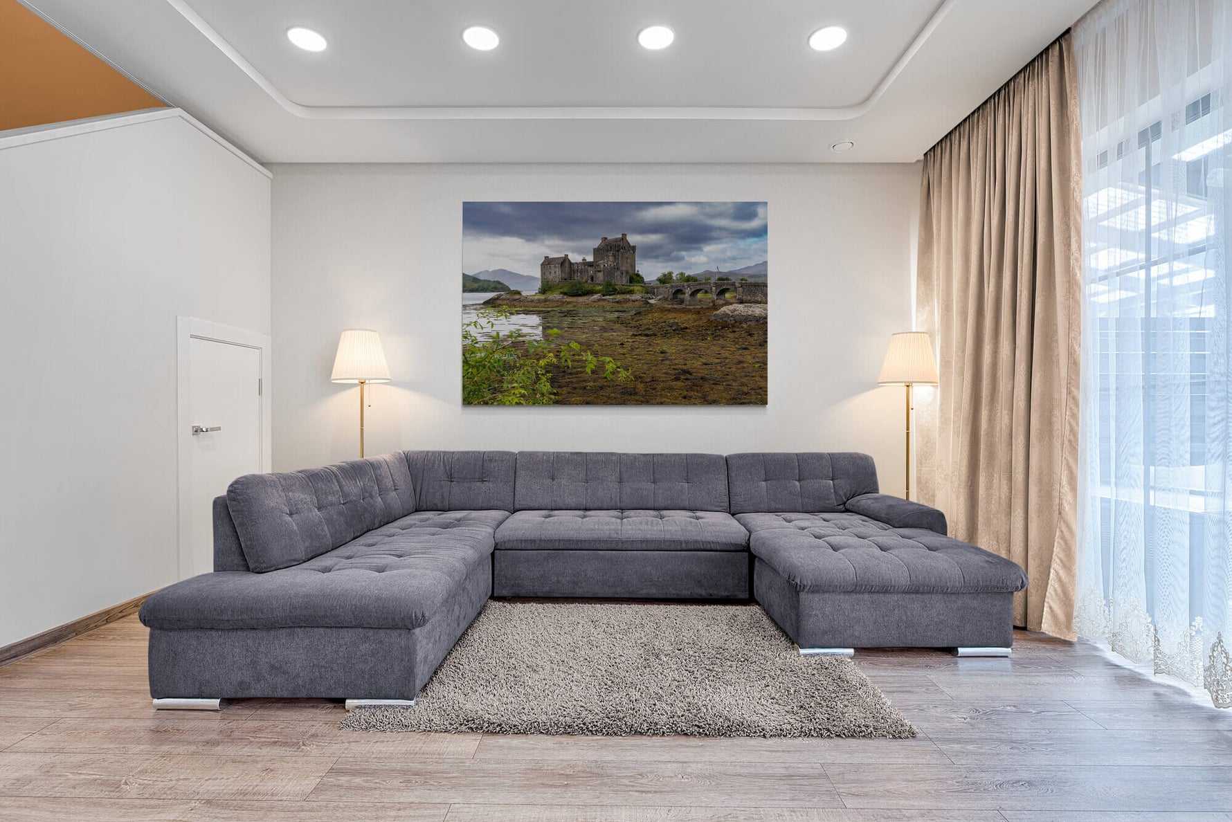 Kasteel Eilean Donan in Schotland, canvas van 180x120cm, groot formaat in modern interieur
