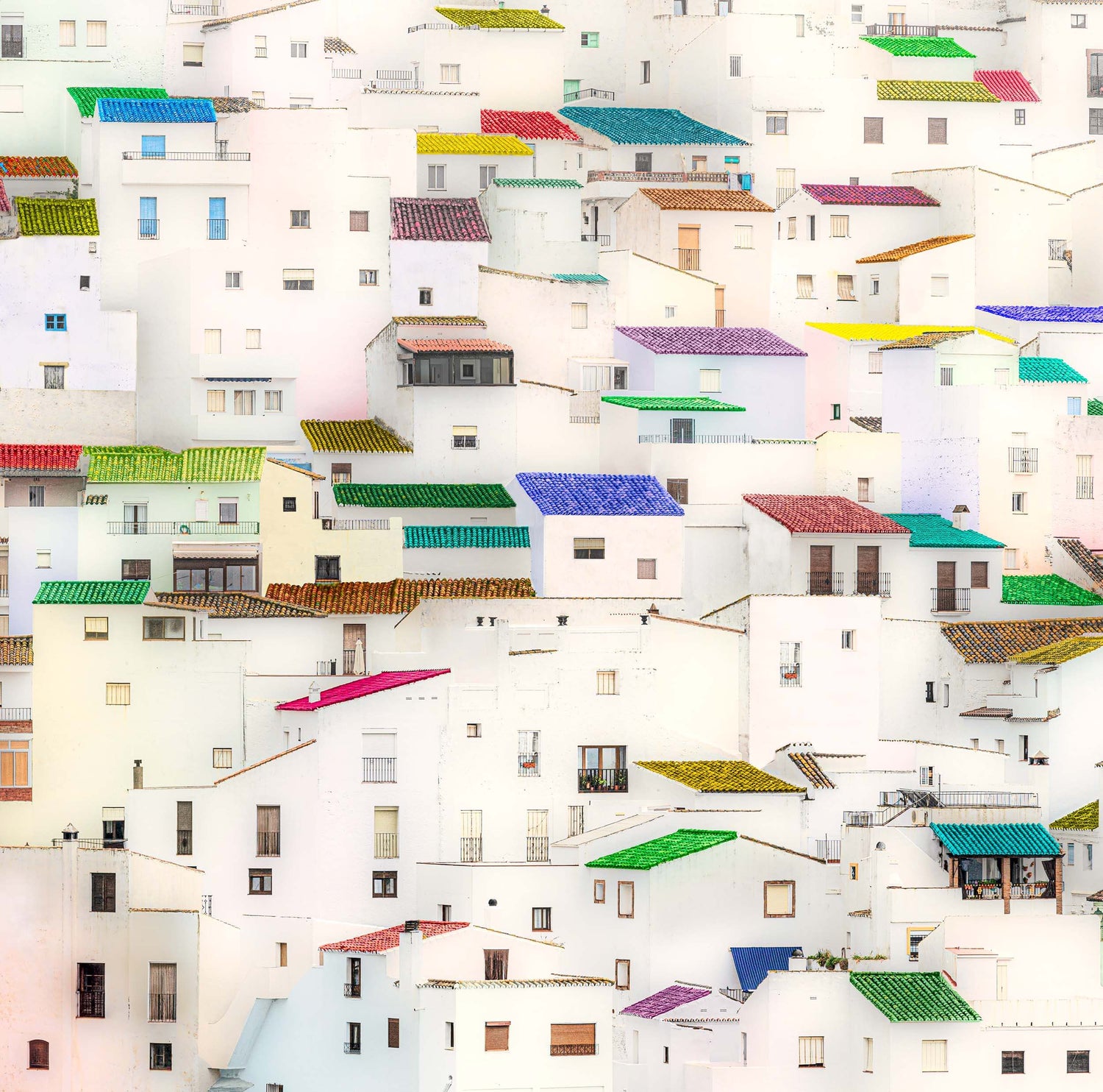 Kleurrijke bewerking van Casares, Andalusië, met zijn witgekalkte huizen  - Foto Luc Maes