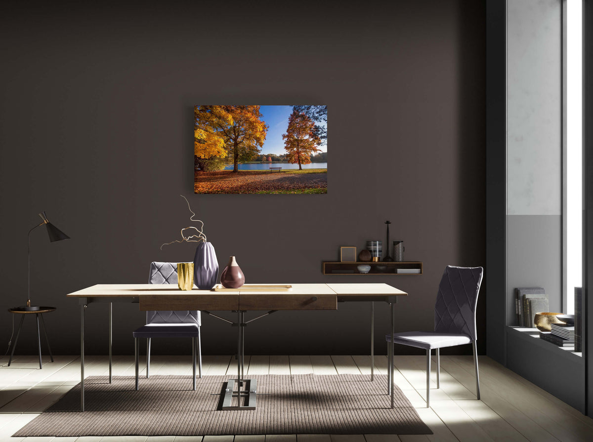 Canvas van het herfstlandschap in Park Tervuren in een stijlvol interieur, formaat 120x80cm.