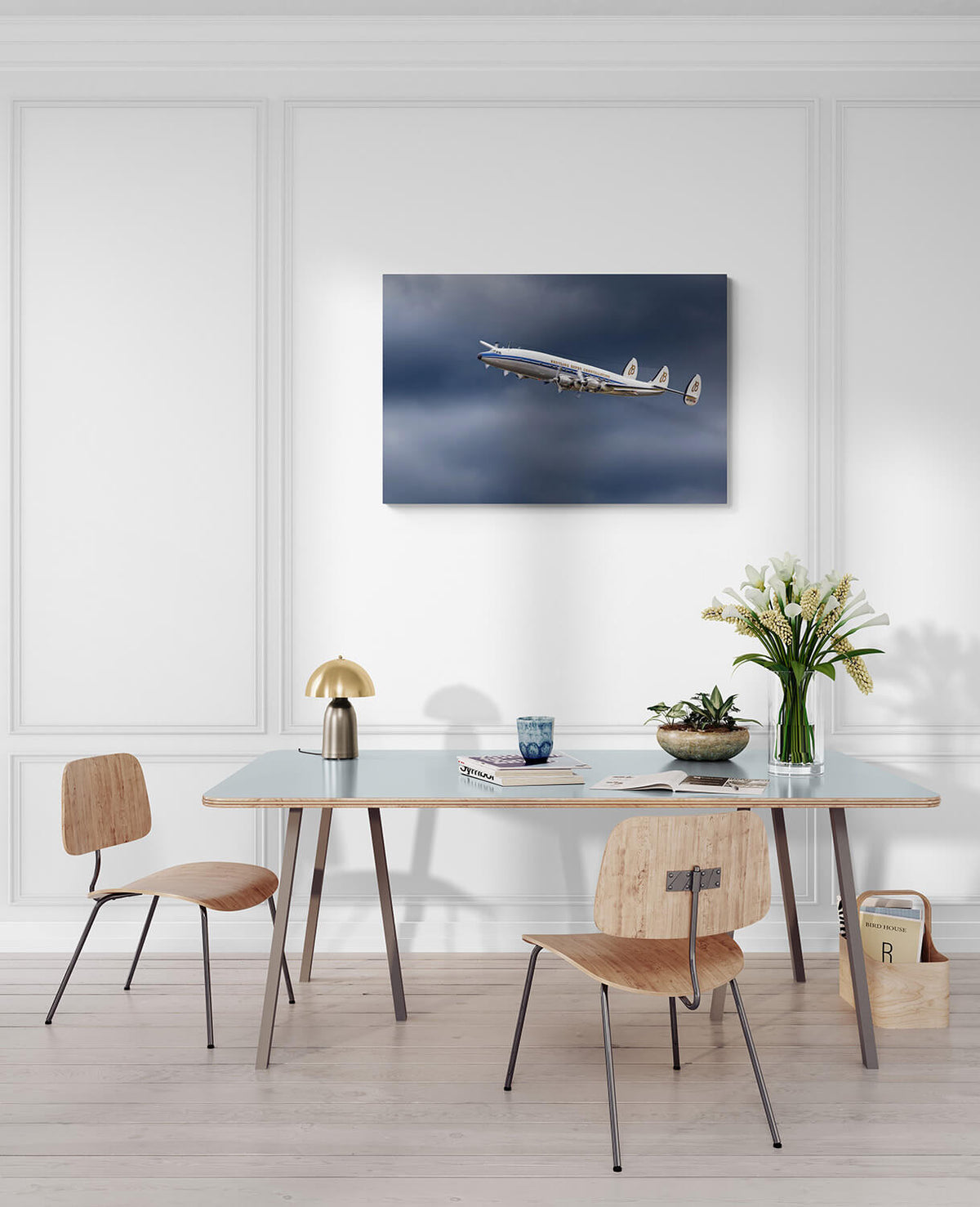 Monumentaal beeld van de Lockheed Super Constellation, exclusief bij Breitex, formaat 120x80cm, als eyecatcher voor luchtvaart-interieurs.