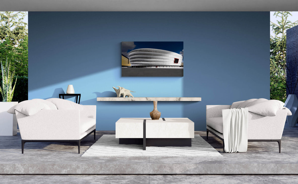 San Mamés voetbal stadion in Bilbao, canvas van 120x80cm, tentoongesteld in modern interieur