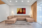  Imposant canvas "Chromatische Synergie" in gele en rode tinten, formaat 150x100cm, in een artistieke inrichting.