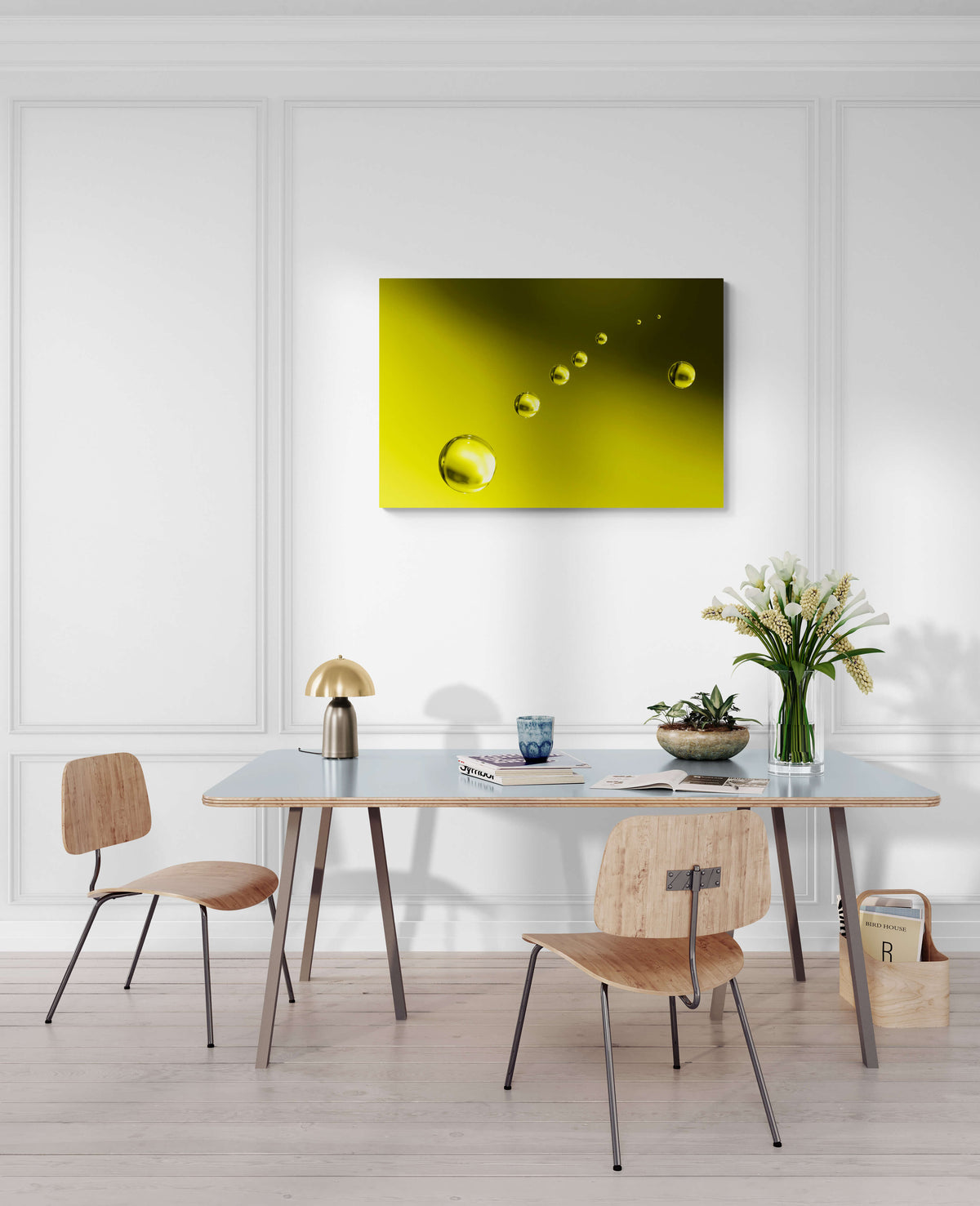 Abstracte afbeelding van gele bubbels op een gele achtergrond, formaat 120x80cm, voor een artistieke uitstraling in moderne interieurs.