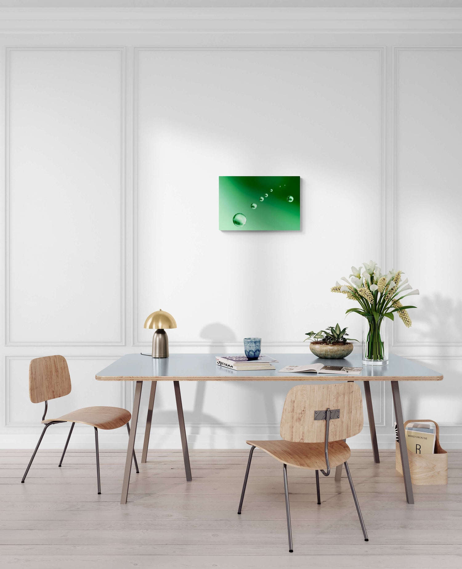Decoratieve foto van groene bubbels op een groene achtergrond, formaat 60x40cm, voor een subtiele maar moderne wanddecoratie.