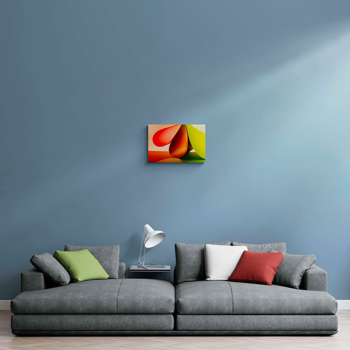 Abstract kunstwerk in warme, felle kleuren met vloeiende vormen en schaduwen, formaat 60x40cm, als opvallend accent in een eigentijds interieur.