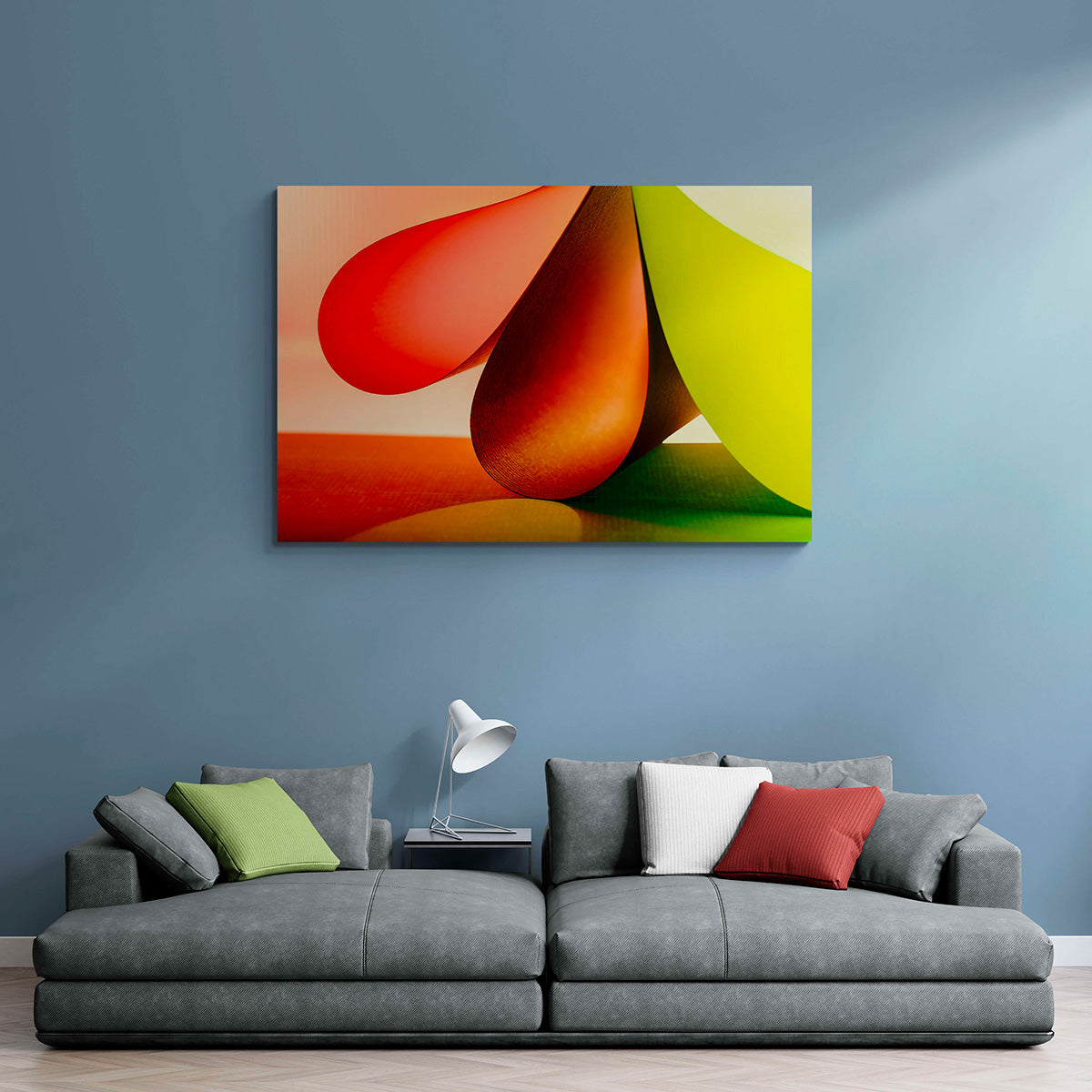 Groot formaat abstract kunstwerk "Chromatische Synergie 3," formaat 180x120cm, in een eigentijds interieur met een artistieke touch.