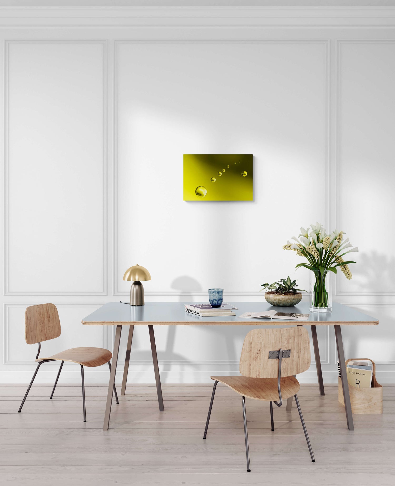Abstracte gele bubbels op een gele achtergrond, decoratieve foto formaat 60x40cm, voor een stijlvol accent in moderne ruimtes.
