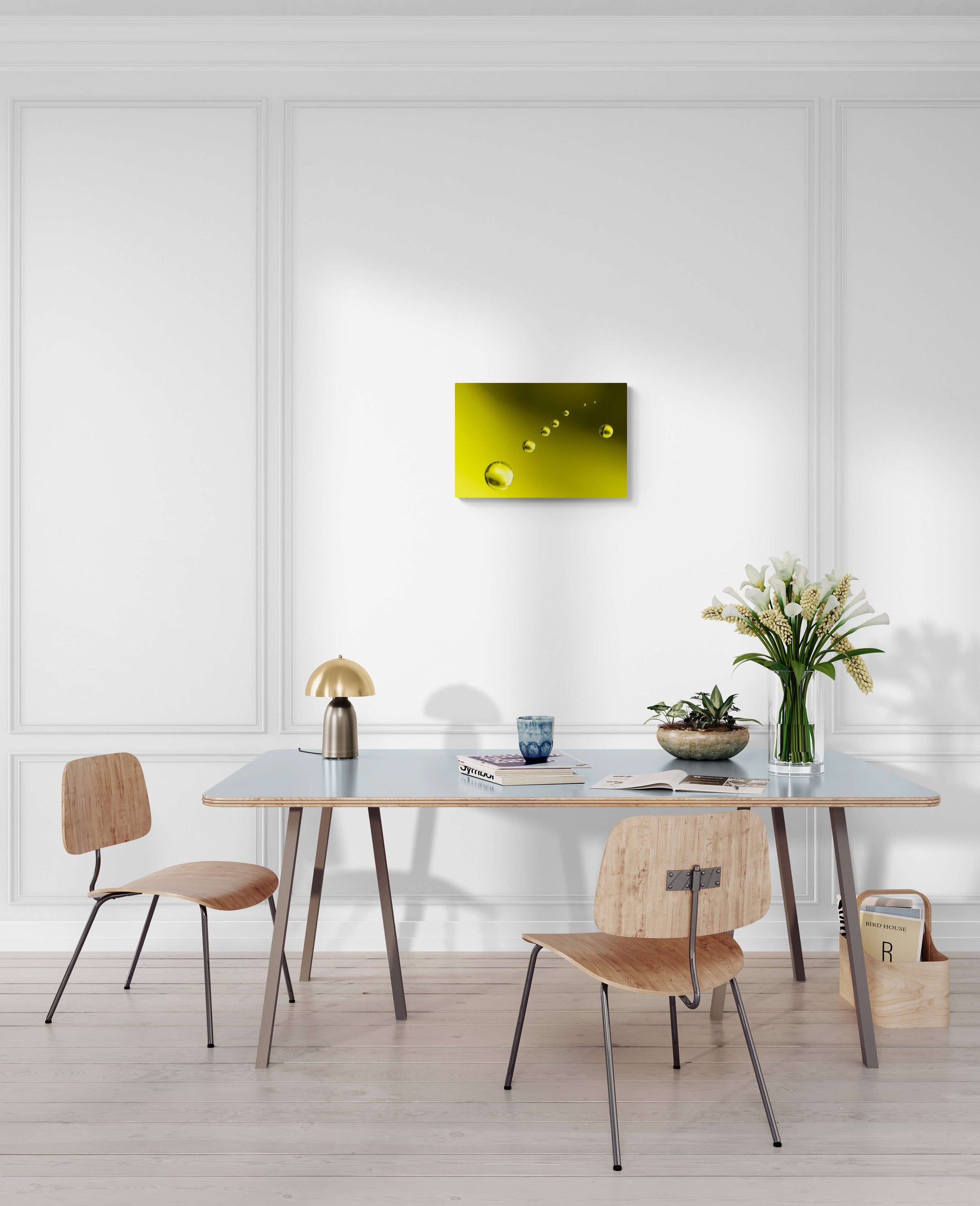 Abstracte gele bubbels op een gele achtergrond, decoratieve foto formaat 60x40cm, voor een stijlvol accent in moderne ruimtes.