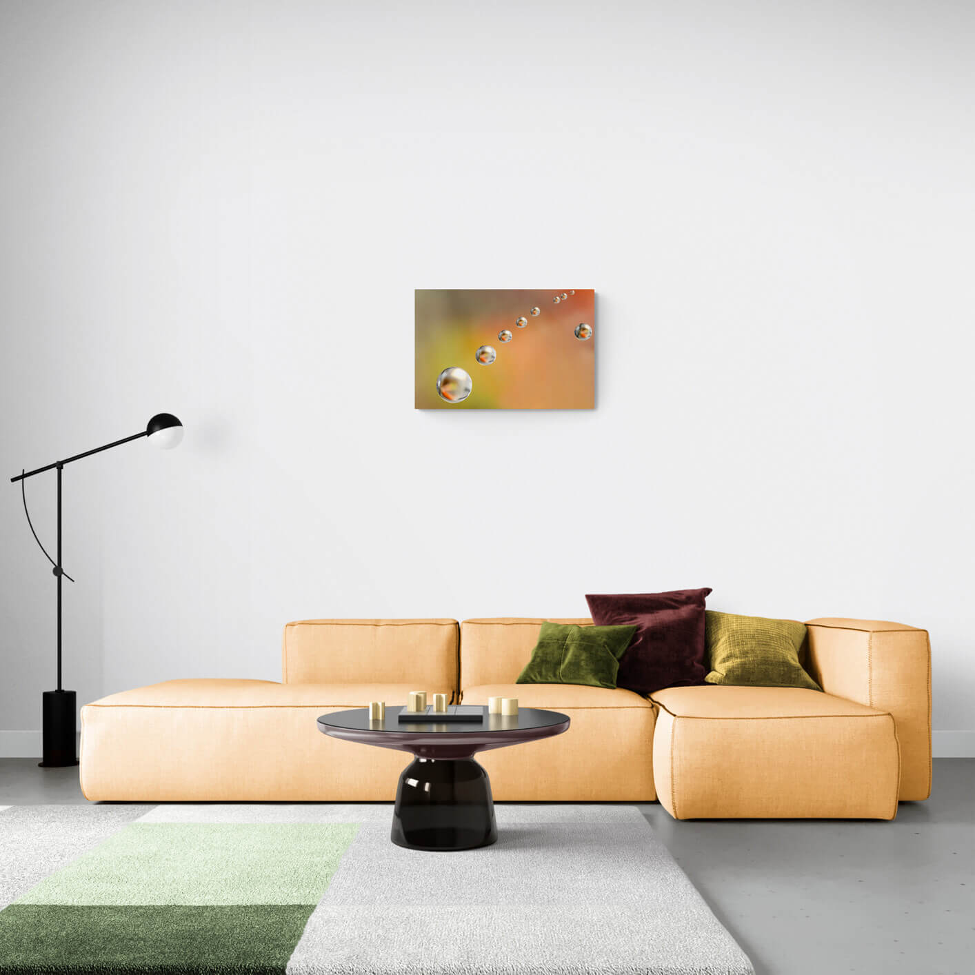 Decoratieve foto van waterdruppels op een oranje achtergrond, formaat 60x40cm, voor een subtiel en rustgevend element aan de muur.