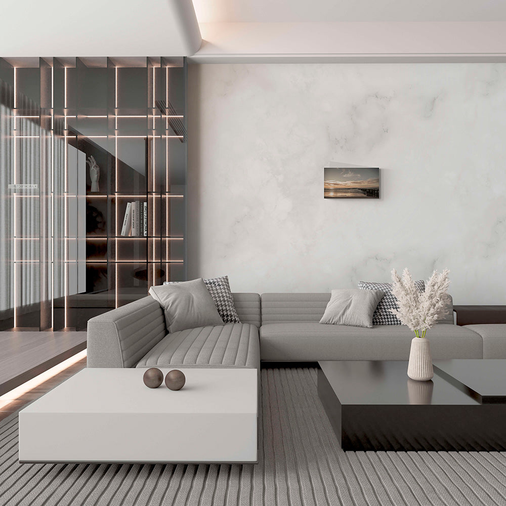 Canvas van een zonsondergang aan de Noordzeekust in Knokke, formaat 60x40cm, in een modern interieur.