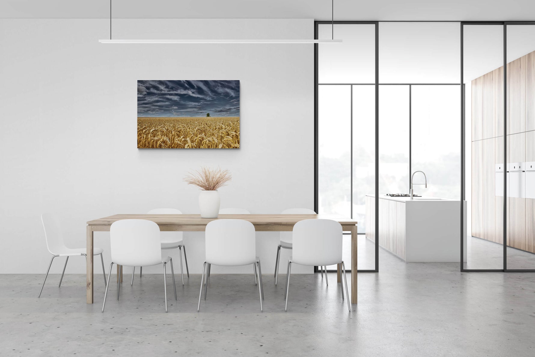 Groot canvas van het graanveld met de Tumulus van Bortombe, formaat 120x80cm, in een elegant interieur.