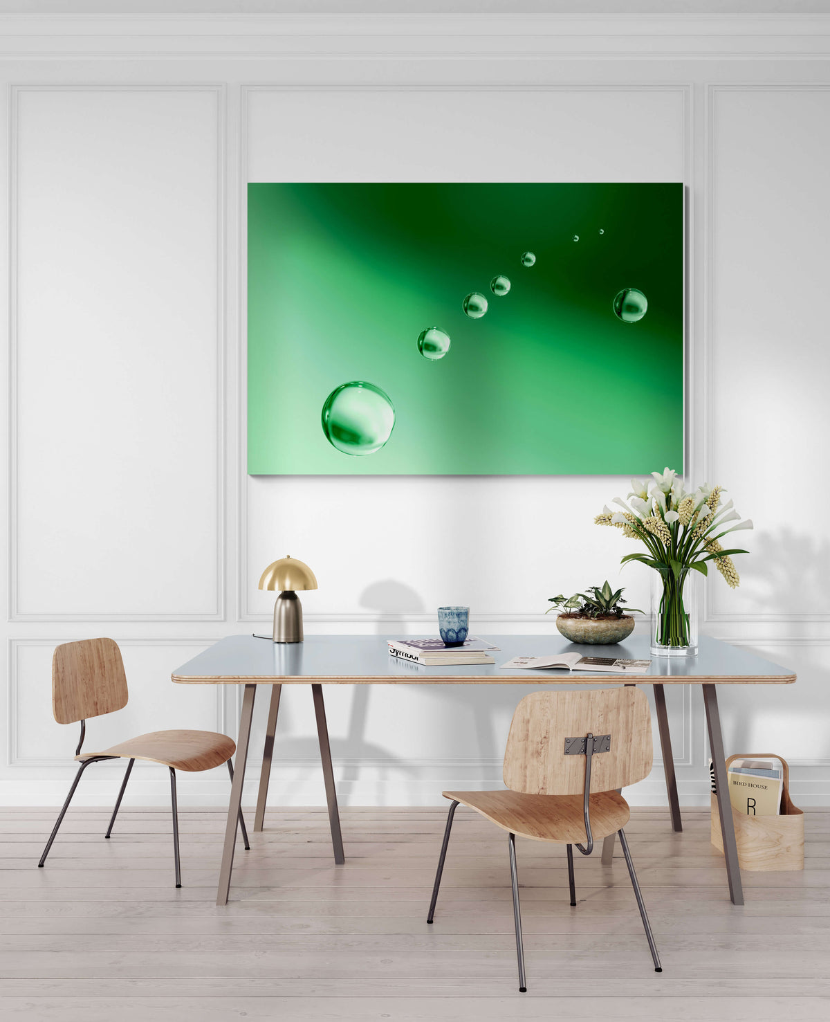 Stijlvolle afbeelding van groene bubbels op een groene achtergrond, formaat 180x120cm, als indrukwekkend designelement.