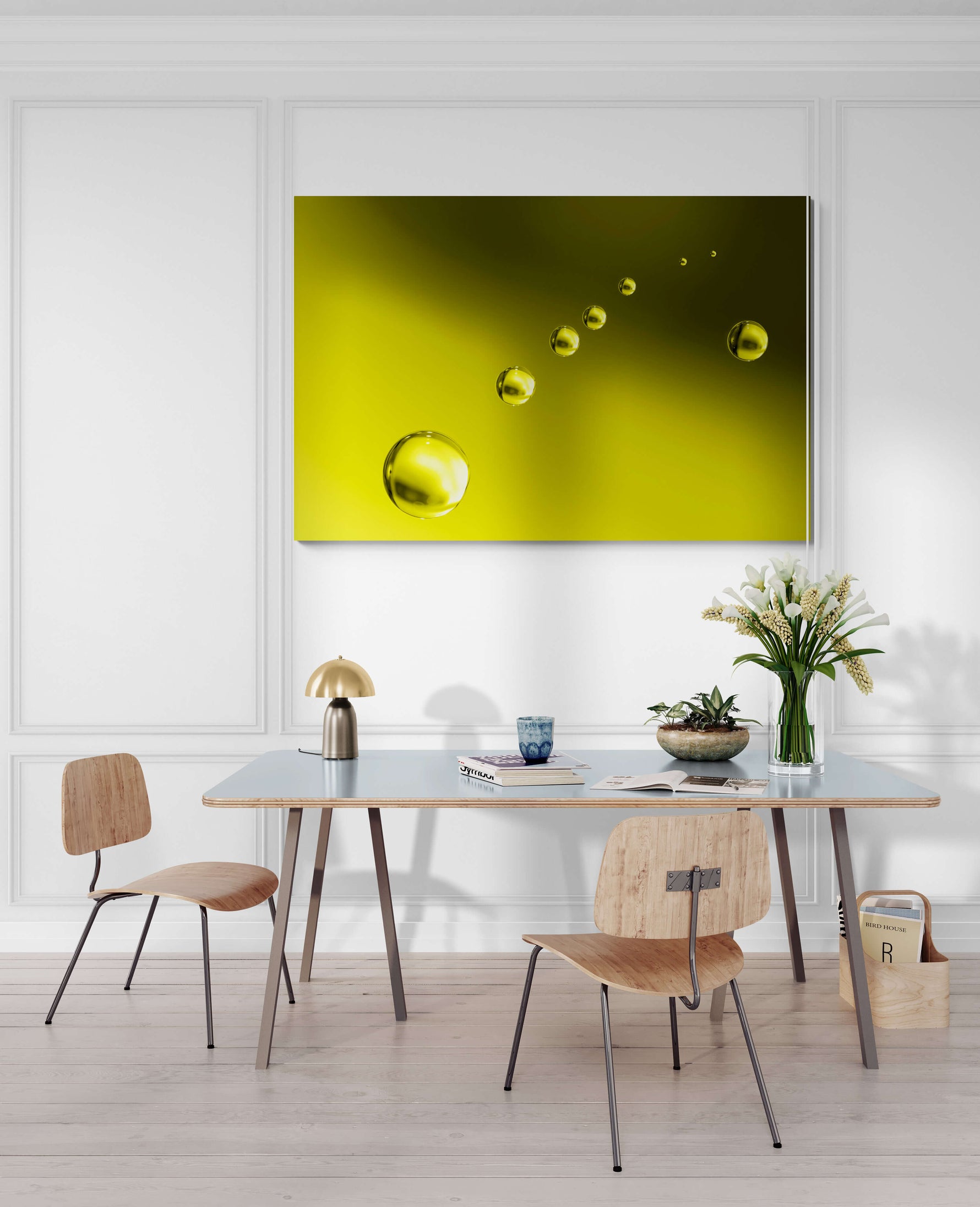 Stijlvolle afbeelding van gele bubbels op een gele achtergrond, formaat 180x120cm, als indrukwekkend designelement.