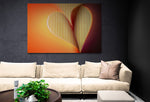 Indrukwekkend abstract canvas "Chromatische Synergie 2" met warme kleuren en lichtstrepen, formaat 150x100cm, in een artistieke setting.