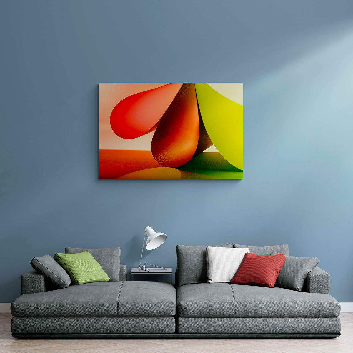 Indrukwekkend abstract canvas "Chromatische Synergie 3" met vloeiende vormen en felle kleuren, formaat 150x100cm, in een artistieke setting.