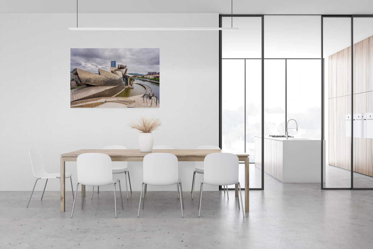 Guggenheim Museum in Bilbao, zijaanzicht, canvas van 150x100cm, passend in modern interieur