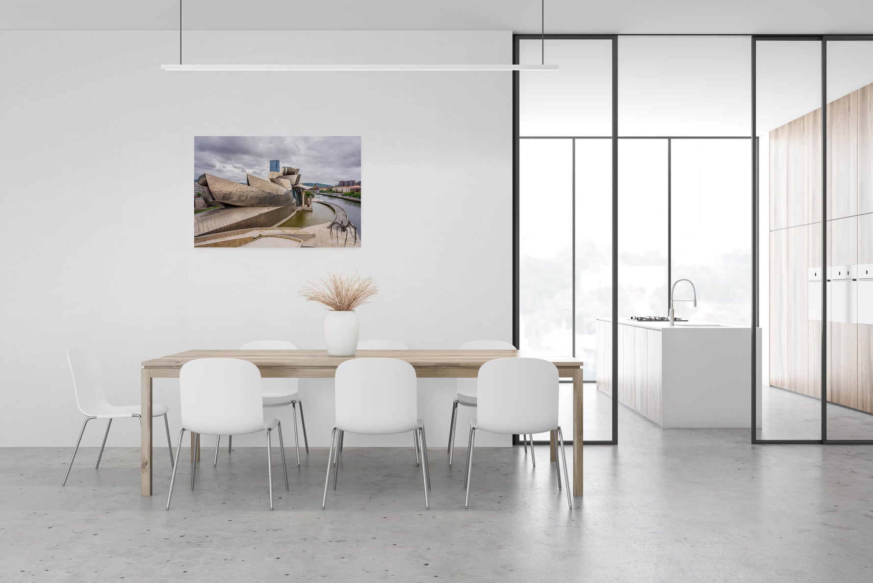 Guggenheim Museum in Bilbao, zijaanzicht, canvas van 120x80cm, tentoongesteld in modern interieur