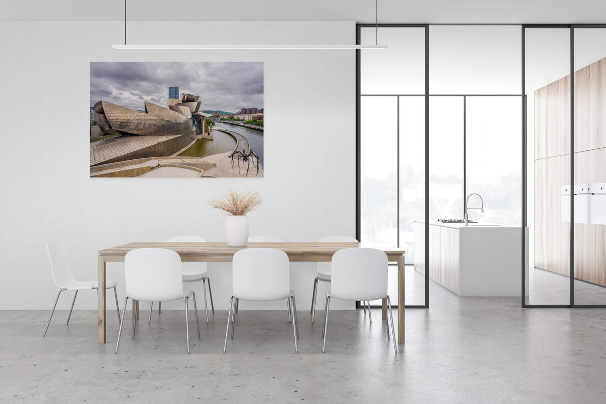 Guggenheim Museum in Bilbao, zijaanzicht, canvas van 180x120cm, groot formaat in modern interieur